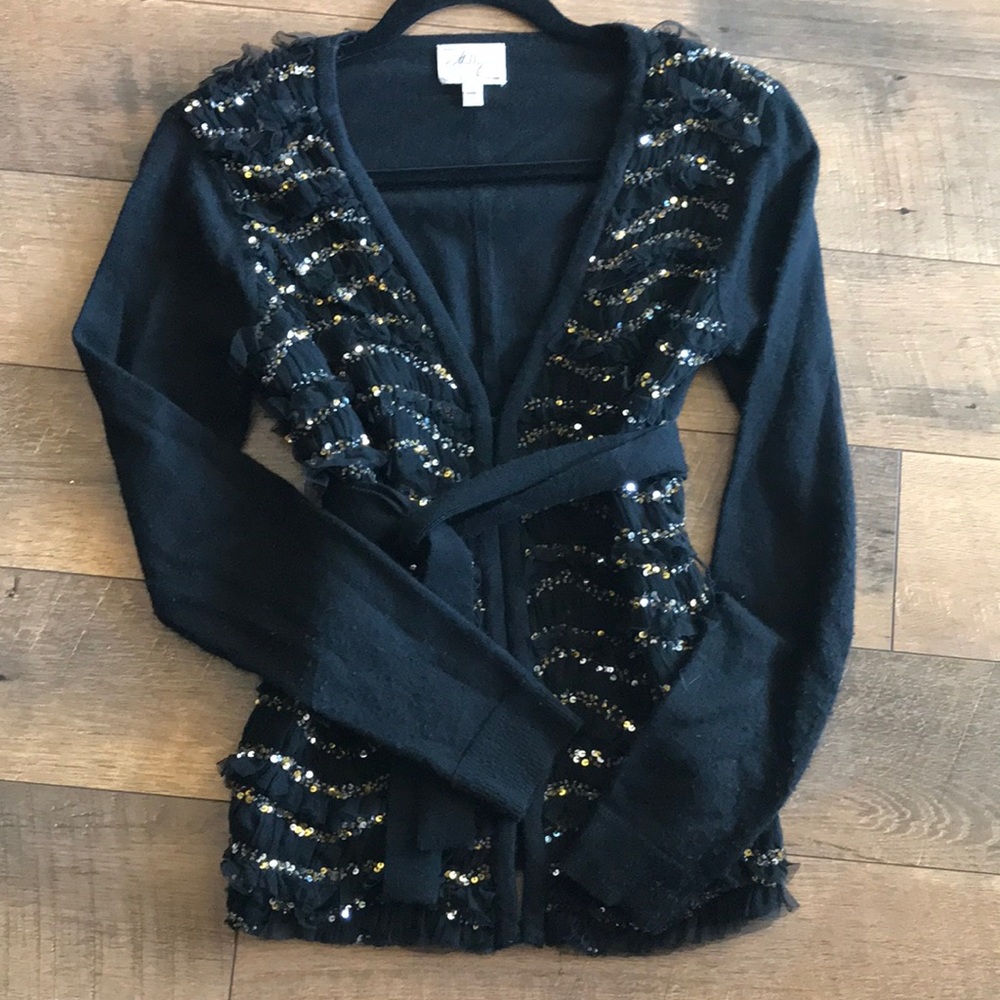 milly of New York sequin belted wool cardigan Sz S